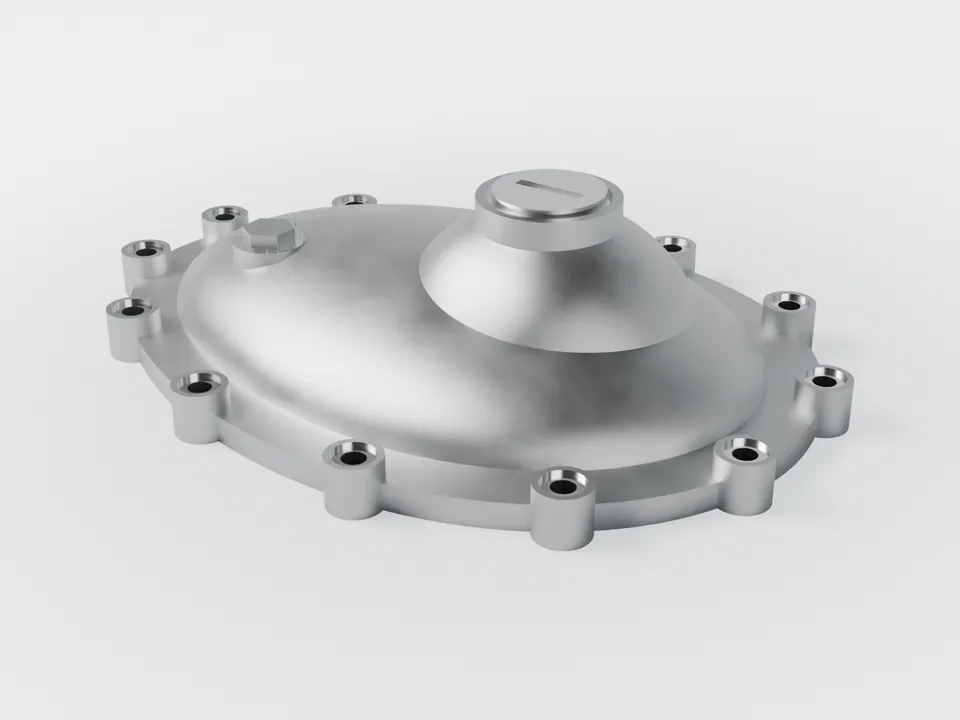 3D render of a typical aluminium die-cast crankcase and clutch covers